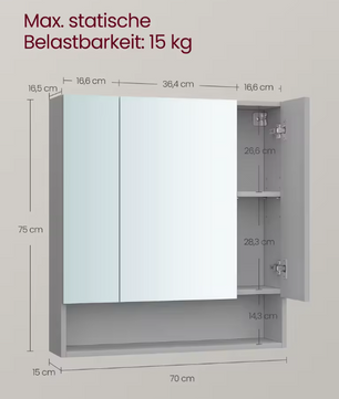 Badkamer Spiegelkast met 3 Deuren – Wandkast met Open Vakken en Verstelbare Planken