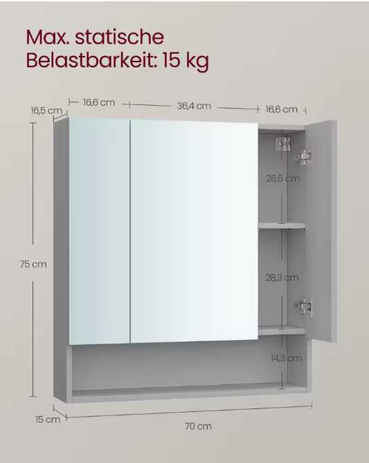 Badkamer Spiegelkast met 3 Deuren – Wandkast met Open Vakken en Verstelbare Planken