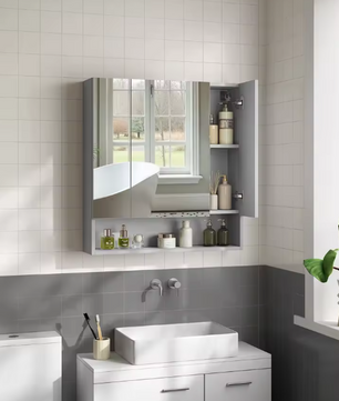 Badkamer Spiegelkast met 3 Deuren – Wandkast met Open Vakken en Verstelbare Planken