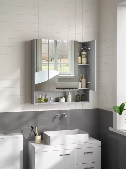 Badkamer Spiegelkast met 3 Deuren – Wandkast met Open Vakken en Verstelbare Planken