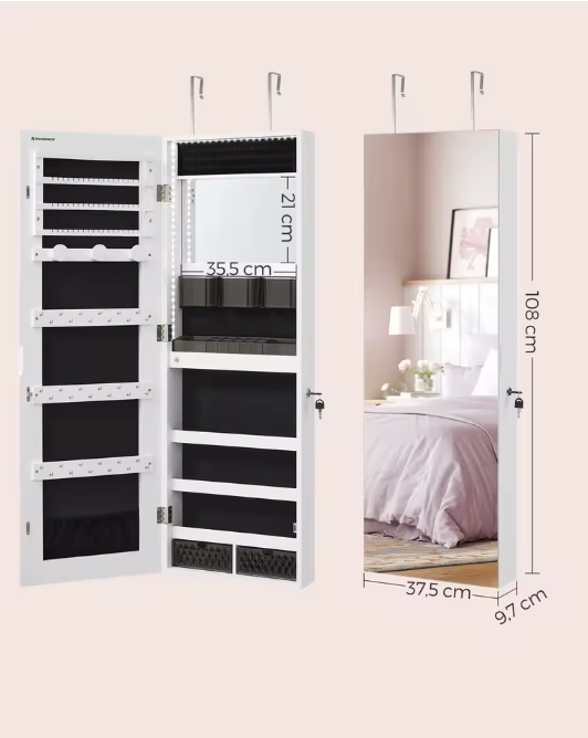 Sieradenkast met LED-Verlichting – Wandspiegelkast met Organizer en Full-Length Spiegel