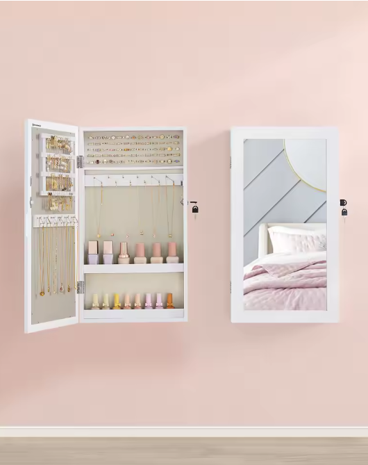 Sieradenkast met Spiegel – Afsluitbare Wandkast met Organizer en Opbergvakken