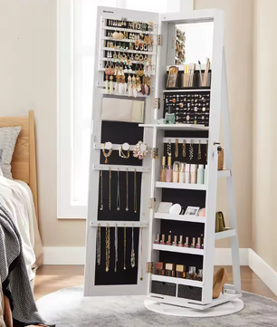 360° Roterende Sieradenkast – Full-Length Spiegelkast met LED en Organizer