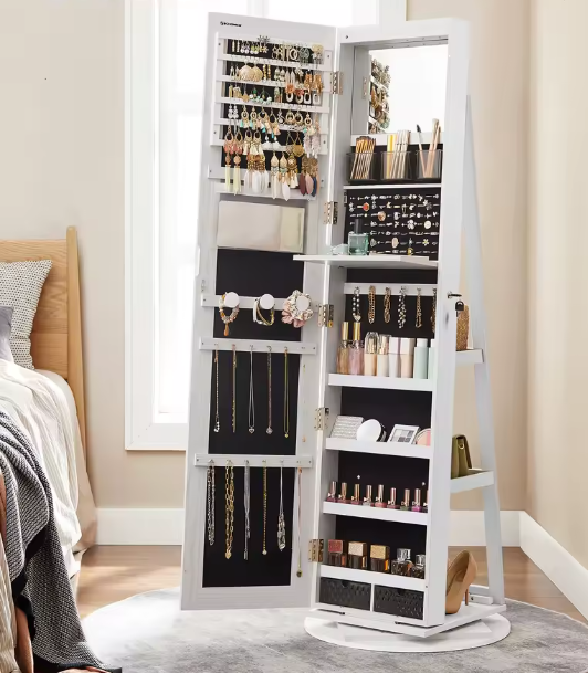 360° Roterende Sieradenkast – Full-Length Spiegelkast met LED en Organizer