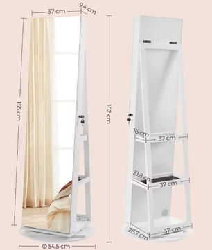 360° Roterende Sieradenkast – Full-Length Spiegelkast met LED en Organizer