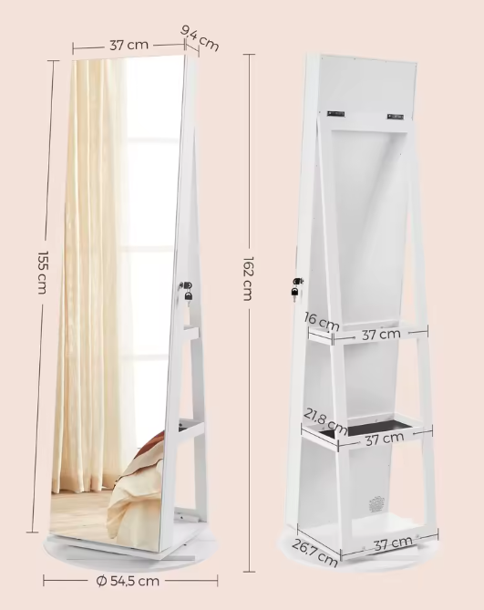 360° Roterende Sieradenkast – Full-Length Spiegelkast met LED en Organizer