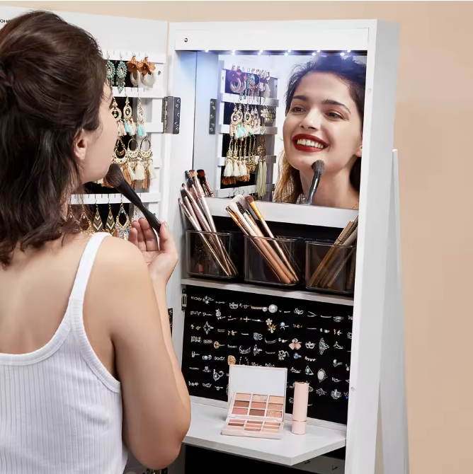 360° Roterende Sieradenkast – Full-Length Spiegelkast met LED en Organizer