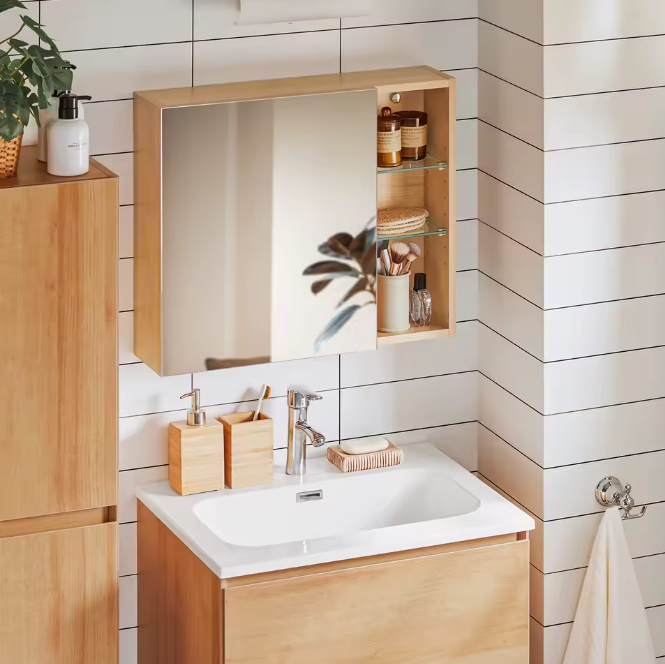 Badkamer Spiegelkast met Open Vakken – Hangende Wandkast met Verstelbare Planken