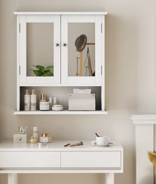Witte Badkamerkast met Spiegel – Wandkast met Verstelbare Plank en Open Opbergvak