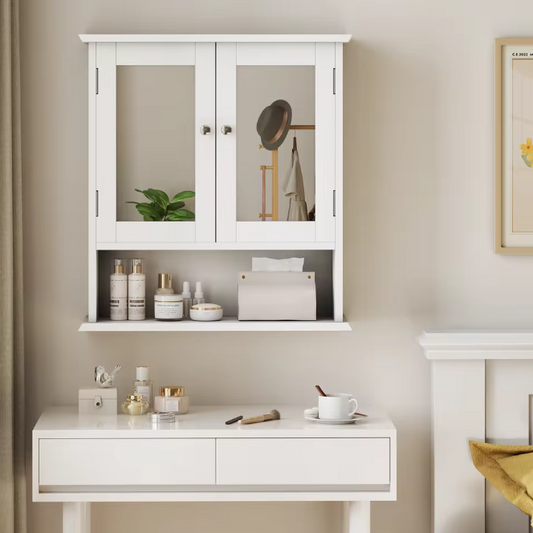 Witte Badkamerkast met Spiegel – Wandkast met Verstelbare Plank en Open Opbergvak