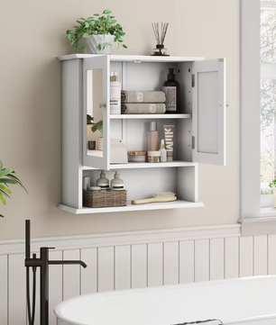 Witte Badkamerkast met Spiegel – Wandkast met Verstelbare Plank en Open Opbergvak