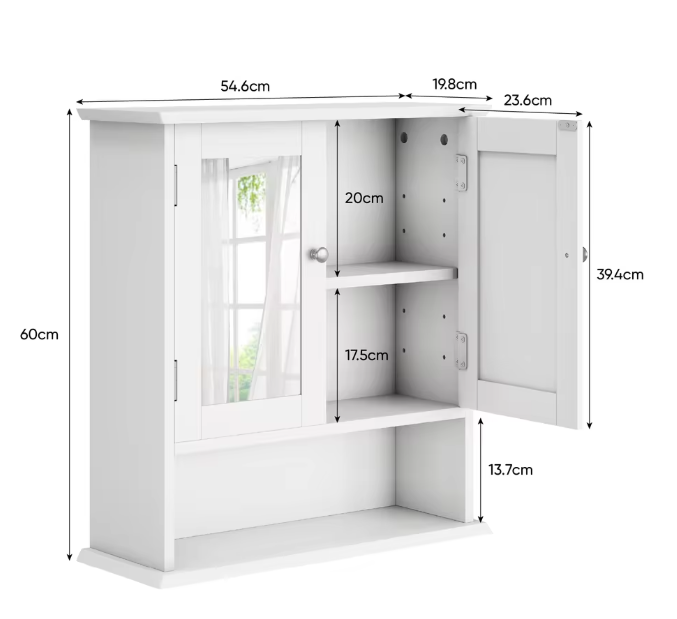 Witte Badkamerkast met Spiegel – Wandkast met Verstelbare Plank en Open Opbergvak