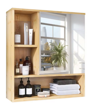 Bamboe Badkamerkast met Spiegel – Wandkast met Glazen Planken en Opbergvakken