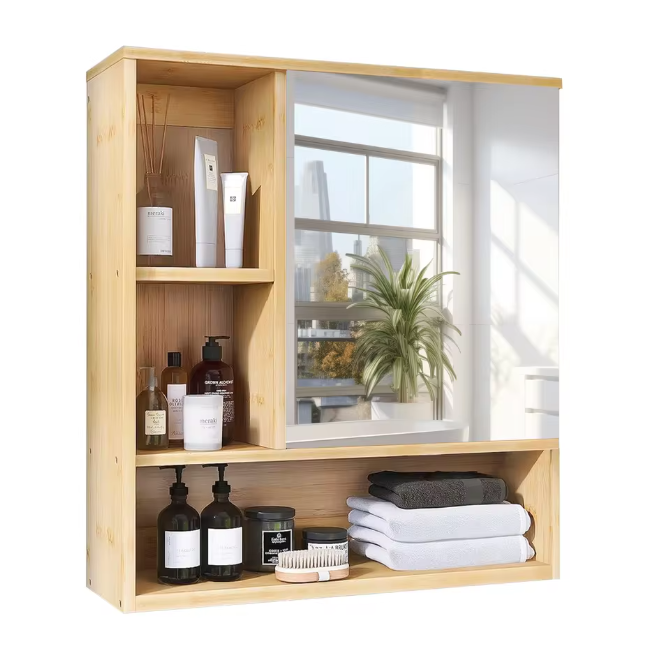 Bamboe Badkamerkast met Spiegel – Wandkast met Glazen Planken en Opbergvakken
