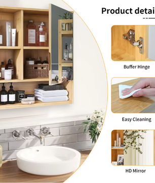 Bamboe Badkamerkast met Spiegel – Wandkast met Glazen Planken en Opbergvakken