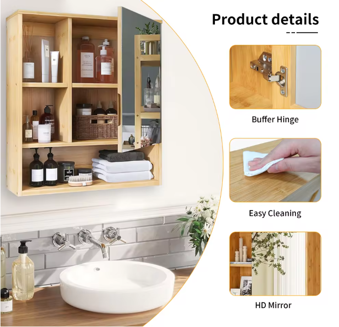 Bamboe Badkamerkast met Spiegel – Wandkast met Glazen Planken en Opbergvakken