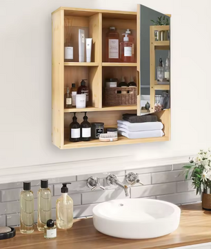 Bamboe Badkamerkast met Spiegel – Wandkast met Glazen Planken en Opbergvakken