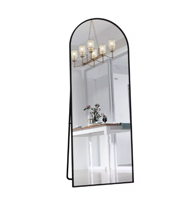 Boogvormige Volledige Lengte Spiegel – Zwart Aluminium Frame en Verstelbare Standaard