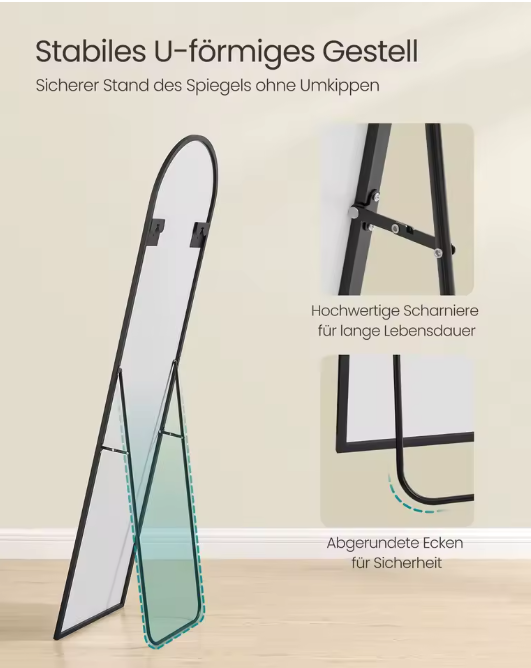 Boogvormige Volledige Lengte Spiegel 150×40 cm – Aluminium Frame en Gehard Glas