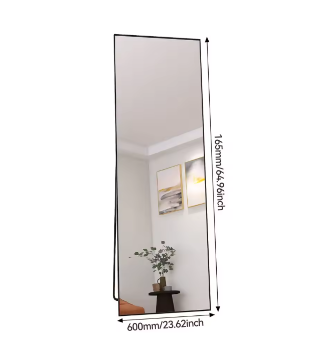 Make-up Vloerspiegel 165×60 cm – Zwart Aluminium Frame en Gehard Glas