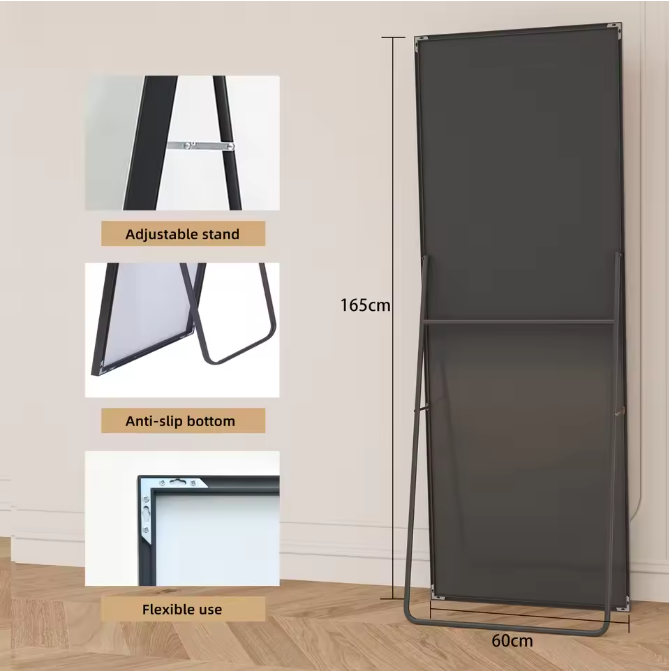 Make-up Vloerspiegel 165×60 cm – Zwart Aluminium Frame en Gehard Glas