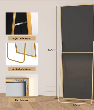 Volledige Lengte Spiegel 165×60 cm – Goudkleurig Frame en Verstelbare Standaard