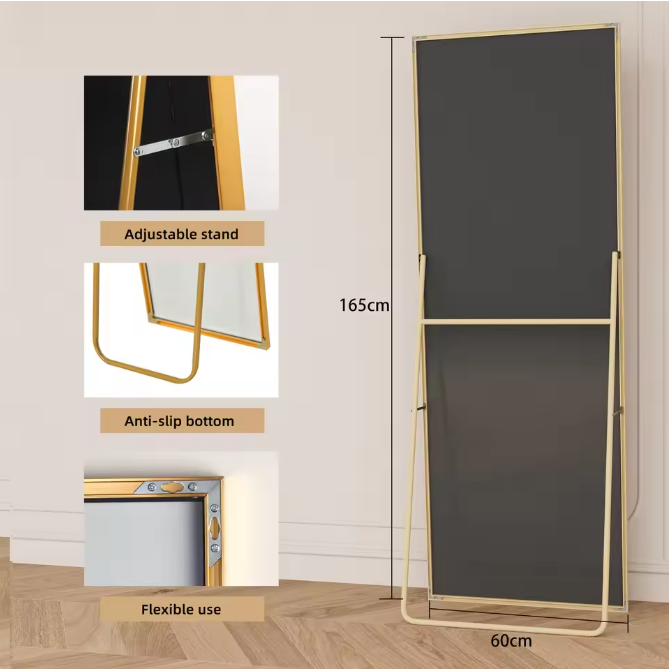 Volledige Lengte Spiegel 165×60 cm – Goudkleurig Frame en Verstelbare Standaard