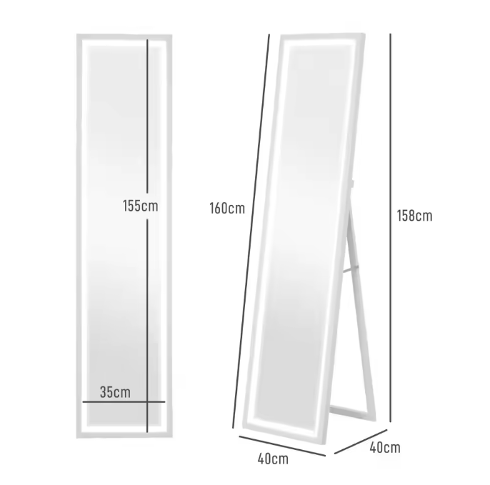 LED Volledige Lengte Spiegel 160×40 cm – Staand, Wandmontage en Touch Bedienbaar