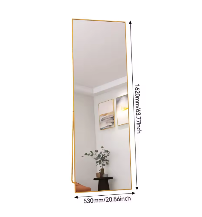 Gebogen Volledige Lengte Spiegel – Goudkleurig Aluminium Frame en Staand/Wandmodel