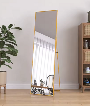 Gebogen Volledige Lengte Spiegel – Goudkleurig Aluminium Frame en Staand/Wandmodel
