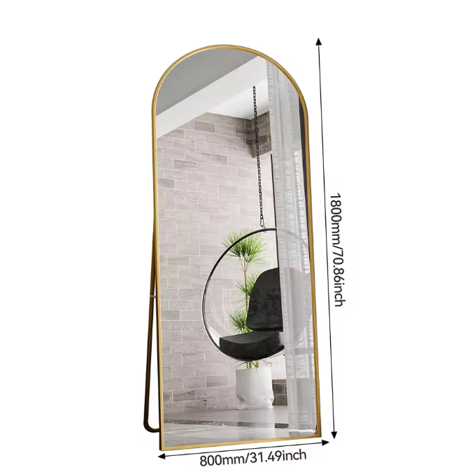 Gebogen Volledige Lengte Spiegel – Goudkleurig Aluminium Frame en Staand/Wandmodel