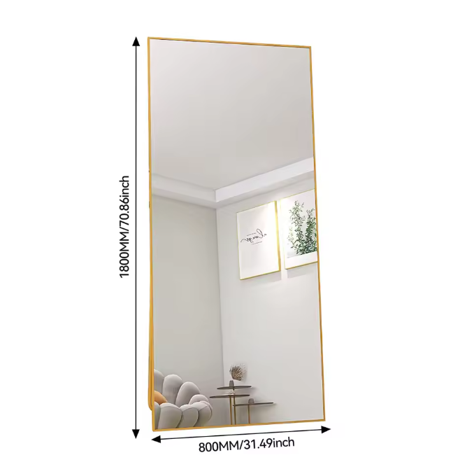 Gebogen Volledige Lengte Spiegel – Goudkleurig Aluminium Frame en Staand/Wandmodel