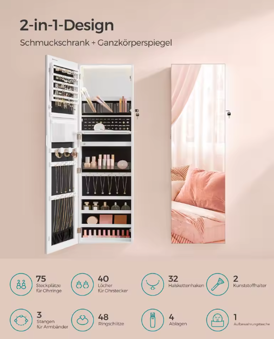 Sieradenkast met Spiegel 140 cm – Verlichte Organizer voor Wand of Deur