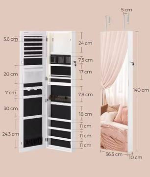 Sieradenkast met Spiegel 140 cm – Verlichte Organizer voor Wand of Deur