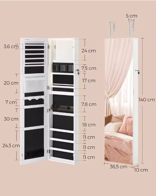 Sieradenkast met Spiegel 140 cm – Verlichte Organizer voor Wand of Deur