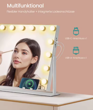 Make-upspiegel met LED-Verlichting en Oplaadpoorten – Dimbaar, 360° Draaibaar en Telefoonhouder
