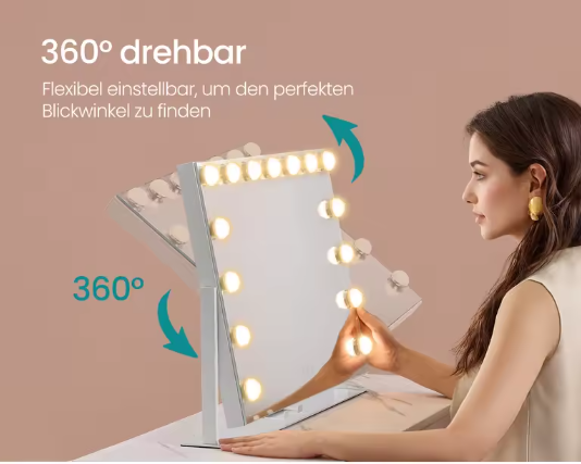 Make-upspiegel met LED-Verlichting en Oplaadpoorten – Dimbaar, 360° Draaibaar en Telefoonhouder