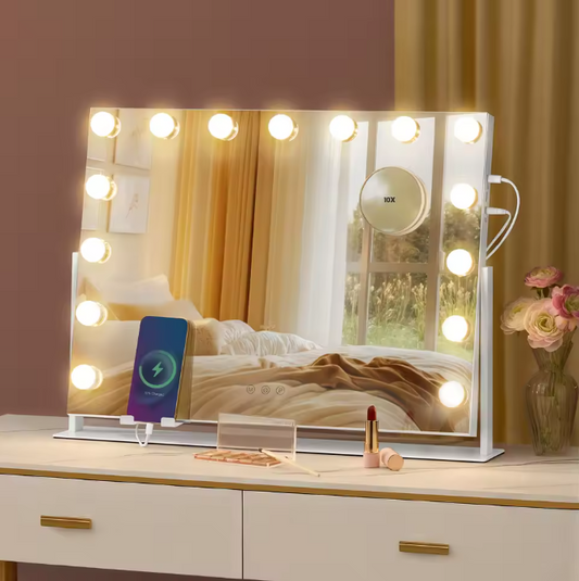 Make-upspiegel met LED-Verlichting en Oplaadpoorten – Dimbaar, 360° Draaibaar en Telefoonhouder