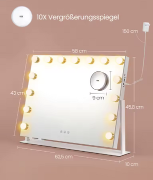 Make-upspiegel met LED-Verlichting en Oplaadpoorten – Dimbaar, 360° Draaibaar en Telefoonhouder