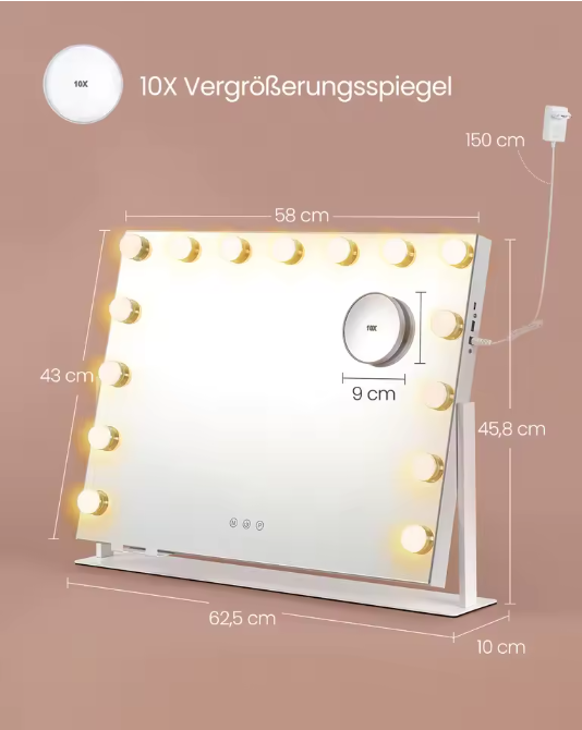 Make-upspiegel met LED-Verlichting en Oplaadpoorten – Dimbaar, 360° Draaibaar en Telefoonhouder