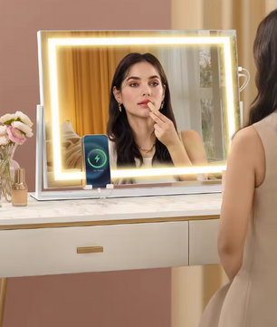 Make-upspiegel met LED-Verlichting en Oplaadpoorten – Dimbaar, 360° Draaibaar en Telefoonhouder