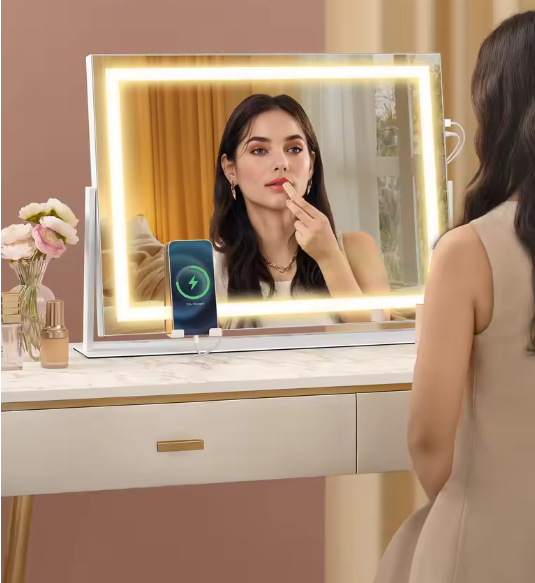 Make-upspiegel met LED-Verlichting en Oplaadpoorten – Dimbaar, 360° Draaibaar en Telefoonhouder