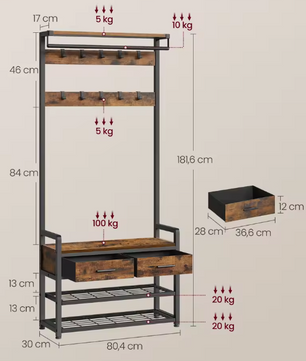 Kapstok met Scheidbaar Ontwerp – Schoenenbank, Laden en 10 Haken