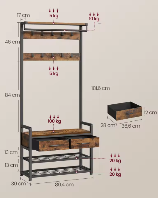 Kapstok met Scheidbaar Ontwerp – Schoenenbank, Laden en 10 Haken