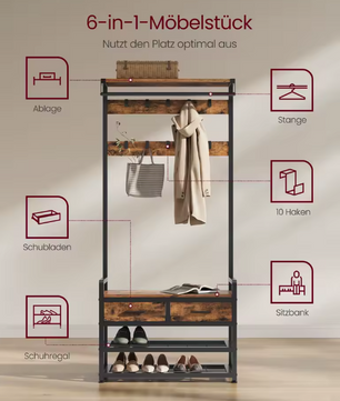 Kapstok met Scheidbaar Ontwerp – Schoenenbank, Laden en 10 Haken