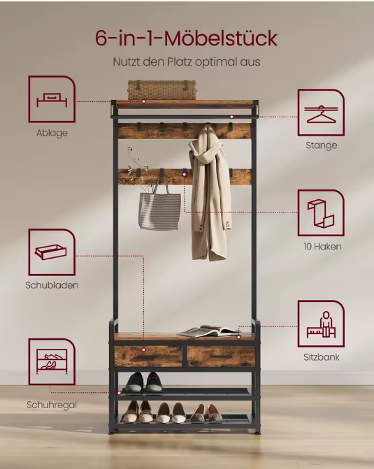 Kapstok met Scheidbaar Ontwerp – Schoenenbank, Laden en 10 Haken
