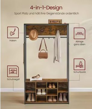 Kapstok met Bank, Haken en Opbergrek – 4-in-1 Wandgarderobe