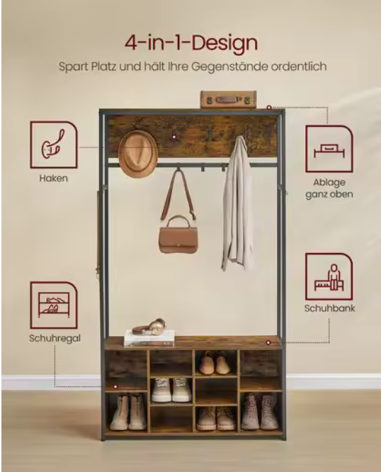 Kapstok met Bank, Haken en Opbergrek – 4-in-1 Wandgarderobe