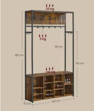 Kapstok met Bank, Haken en Opbergrek – 4-in-1 Wandgarderobe