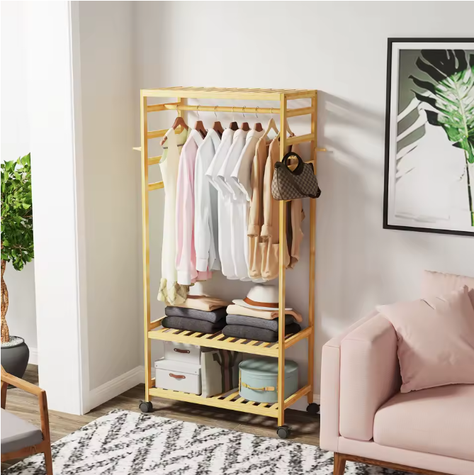 Bamboe Rollend Kledingrek – Open Kast met Hangerstang en 4 Haken